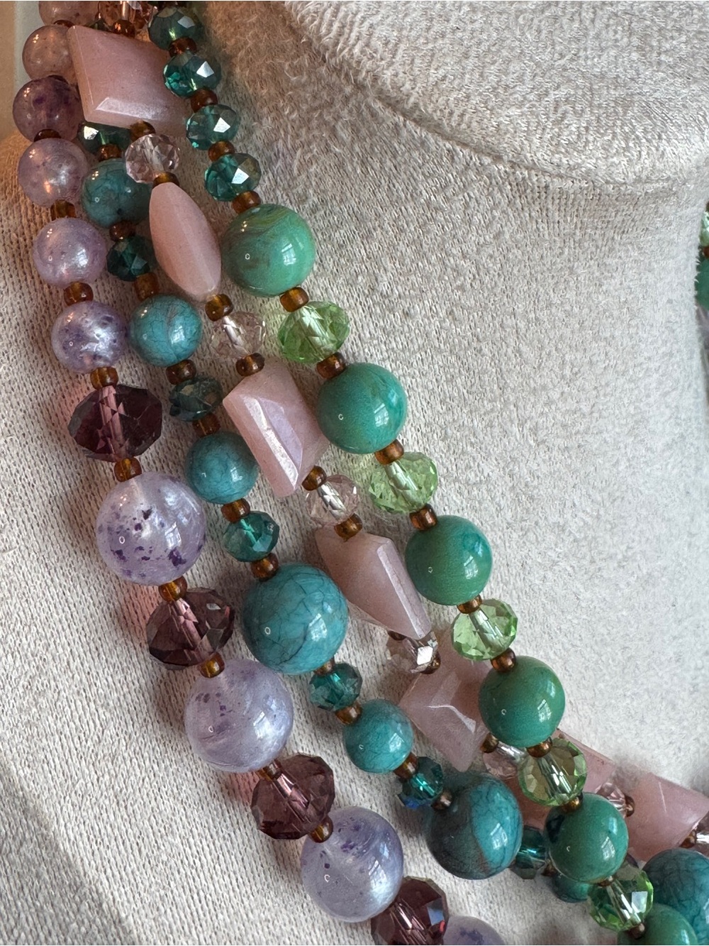 Pastel Multi-Strand Beaded Necklace in Pink, Green & Lavender - Picture 4 of 7